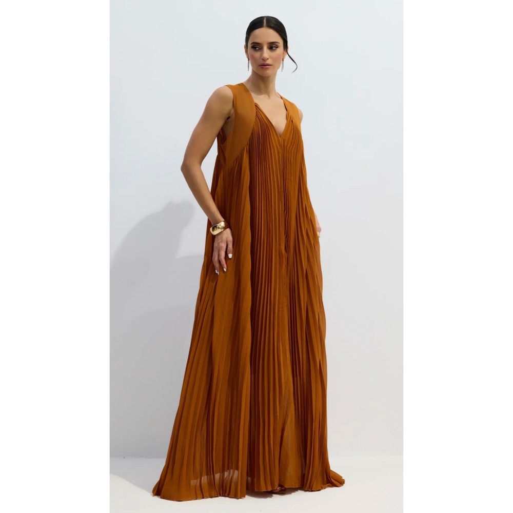 Sunfere Minerva Pleated Maxi Dress Sleeveless V-Neck Flowy Gown NWT